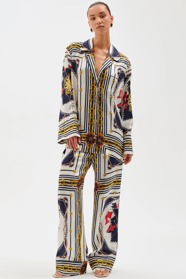 Dora Pants Multi Scarf by Ronny Kobo, trendy jacquard pants with a bold multi-scarf print, perfect for chic day or night looks with ease.