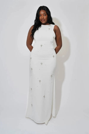 Crystal Maxi Dress by Odd Muse, a white bridal maxi with crystal and pearl detailing, high neckline and elegant fitted silhouette.
