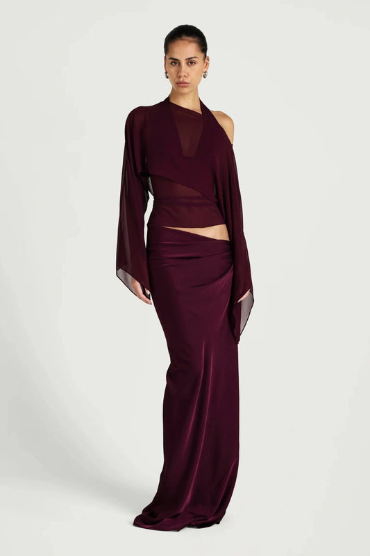 Ira Maxi Dress by Benni, halter mesh and satin maxi dress with chiffon shawl, perfect for evening events