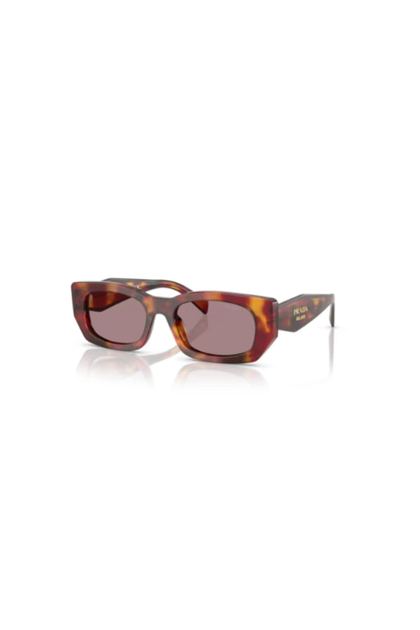 PR B05S Poppy Tortoise Sunglasses by Prada, bold rectangular shades with light purple lenses for a sophisticated statement.