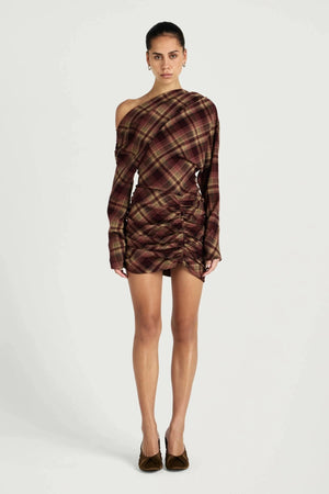 Hera Mini Dress Plum Check by Benni, one shoulder tartan mini dress, perfect for elevated evening styling