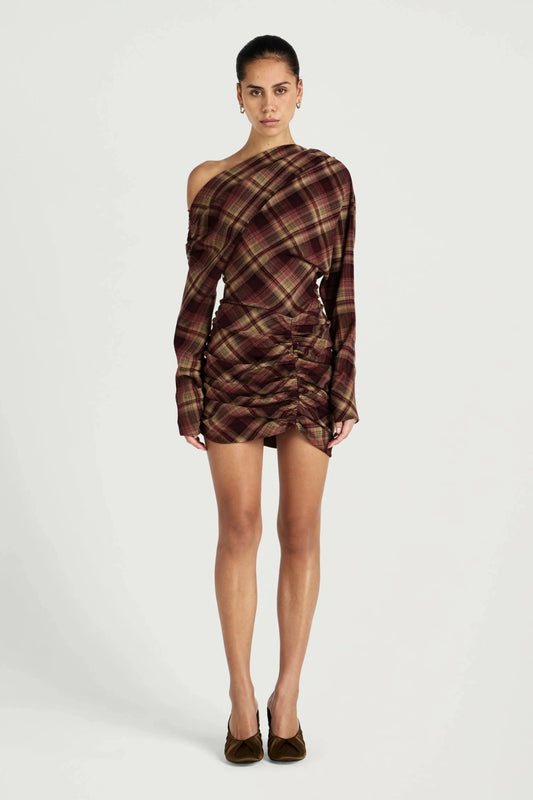 Hera Mini Dress Plum Check by Benni, one shoulder tartan mini dress, perfect for elevated evening styling