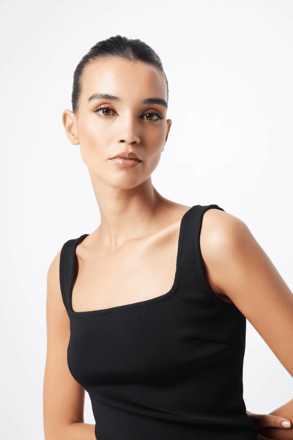 Mayfair Tank Black by Mossman, elegant crepe knit tank with thick straps and square neckline, perfect for trendy viral layering and timeless chic looks.