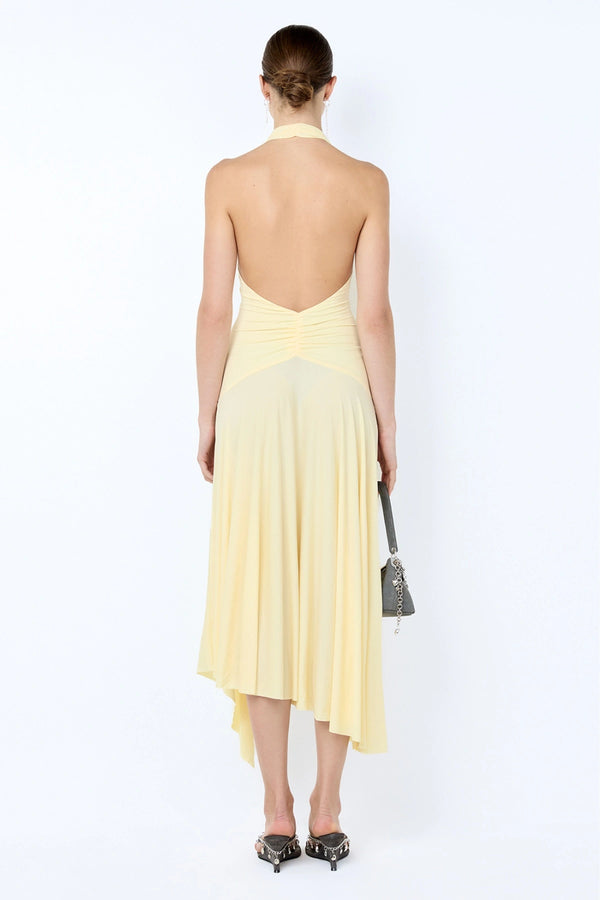 Nessie Halter Dress by Bec + Bridge in yellow stretch jersey with halter neckline, low back, and asymmetric midi hem.