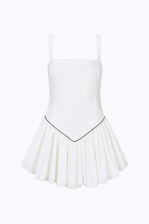 Juliette Mini Dress Pearl by Cin Cin – feminine white cotton mini with fitted bodice and layered tutu skirt, perfect for summer events.
