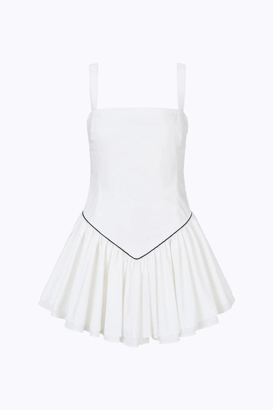 Juliette Mini Dress Pearl by Cin Cin – feminine white cotton mini with fitted bodice and layered tutu skirt, perfect for summer events.
