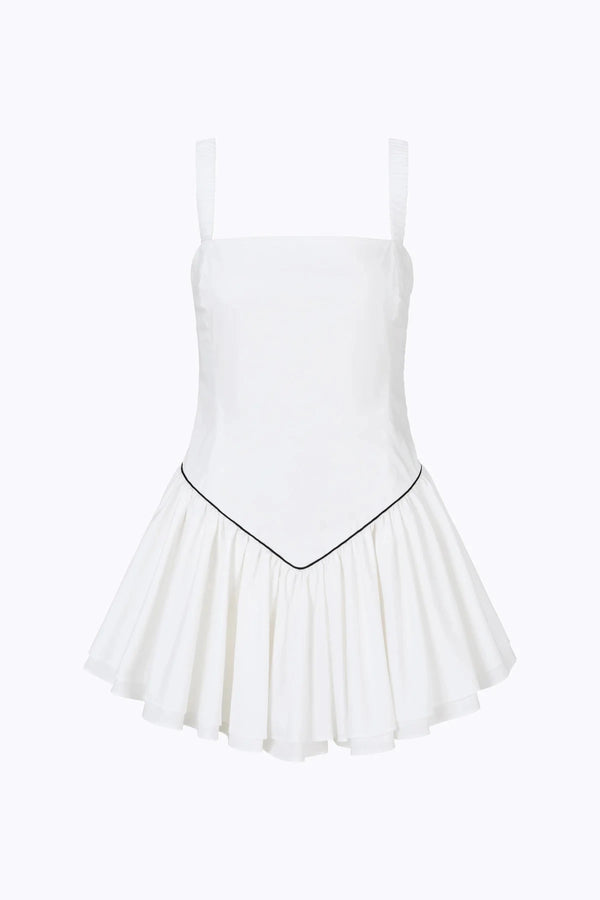 Juliette Mini Dress Pearl by Cin Cin – feminine white cotton mini with fitted bodice and layered tutu skirt, perfect for summer events.
