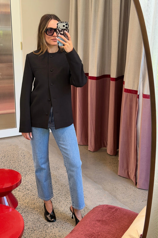 San Jacket Black by Camilla and Marc - fitted collarless blazer with covered buttons and sleek tailoring, perfect for refined work or evening styling.