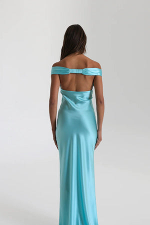 Bridget Gown Turquoise by Natalie Rolt, off-shoulder silk gown with gathered bust and fluid bias-cut drape for elegant events.