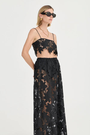 Margaux Skirt by Solaqua Studio, noir crochet floral lace maxi skirt with elastic waist and elegant fluid silhouette.