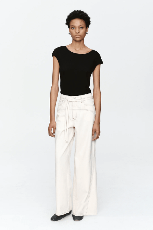 Tie Curve Seam Jean Ecru by Marle, trendy mid-rise jeans with unique curved seam detailing and a relaxed, wide-leg fit. Perfect for a versatile, structured look with a detachable tie belt.