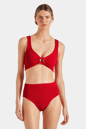Nadine Bikini With Tonal Hoops Red by Hunza G – Flattering one-size bikini with high-waisted bottoms, tonal hoops, and full bust support.