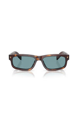 Prada Rectangular Acetate Sunglasses, classic tortoise frame with green polar lenses and wide temples accented by metal logo plaques.
