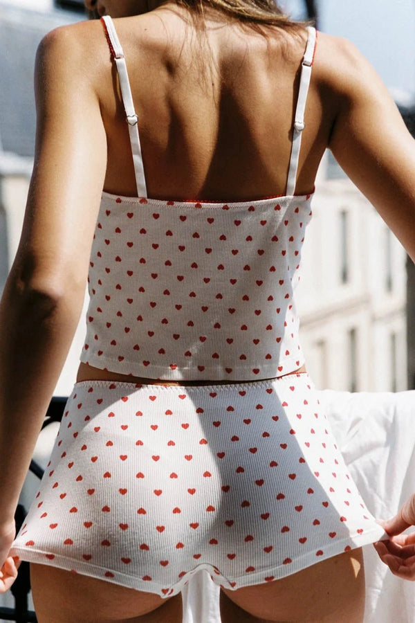 Hugo Singlet by KATH The Label, soft ribbed cotton with red heart print and bows. Perfect for lounging, layering, or sleepwear.