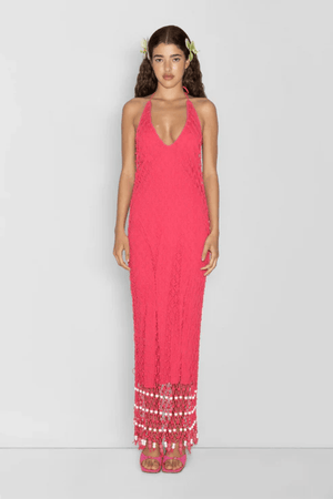 Reis Macrame Maxi Dress Candy by The Wolf Gang – Handmade cotton macrame with bold beaded hem, perfect for festivals and beachside glamour.