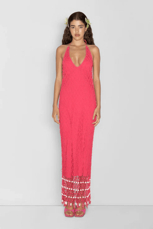 Reis Macrame Maxi Dress Candy by The Wolf Gang – Handmade cotton macrame with bold beaded hem, perfect for festivals and beachside glamour.