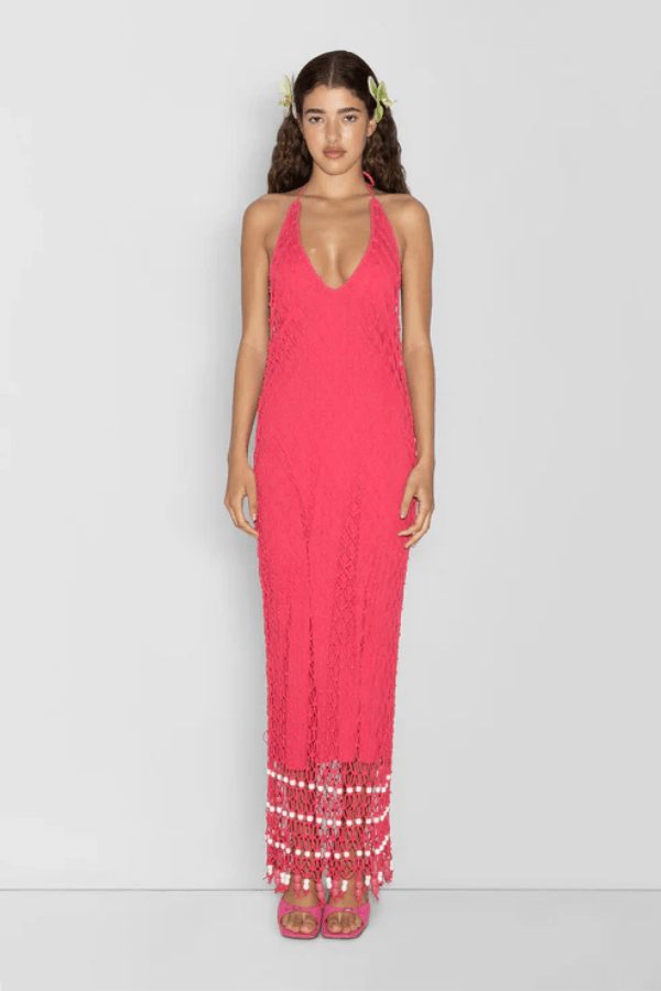 Reis Macrame Maxi Dress Candy by The Wolf Gang – Handmade cotton macrame with bold beaded hem, perfect for festivals and beachside glamour.