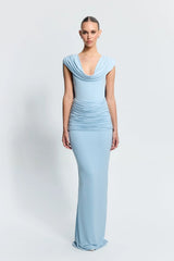 Steele Gown Aspen by Effie Kats, a soft stretch jersey silhouette with a cowl neckline and low back. Perfect for formal or red carpet events.