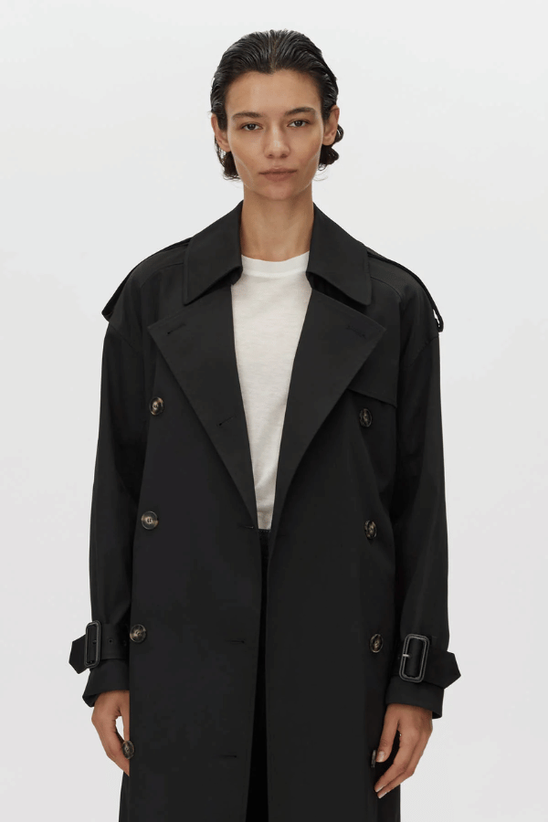 Evans Trench Coat Black by Camilla and Marc – oversized double-breasted trench with storm flaps and belt, perfect for chic layering across seasons.