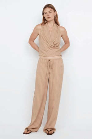 Almeria Pant Camel Stripe by Bec + Bridge, relaxed wide-leg with drawstring waist, breathable soft blend, perfect for casual or dressy days.