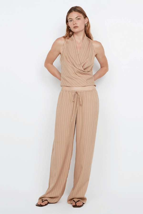Almeria Pant Camel Stripe by Bec + Bridge, relaxed wide-leg with drawstring waist, breathable soft blend, perfect for casual or dressy days.