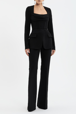 Bethany Top Black by Rebecca Vallance – A chic, structured bonded crepe top with a corseted silhouette, cowl bust, and sleek details for stylish desk-to-dinner looks.