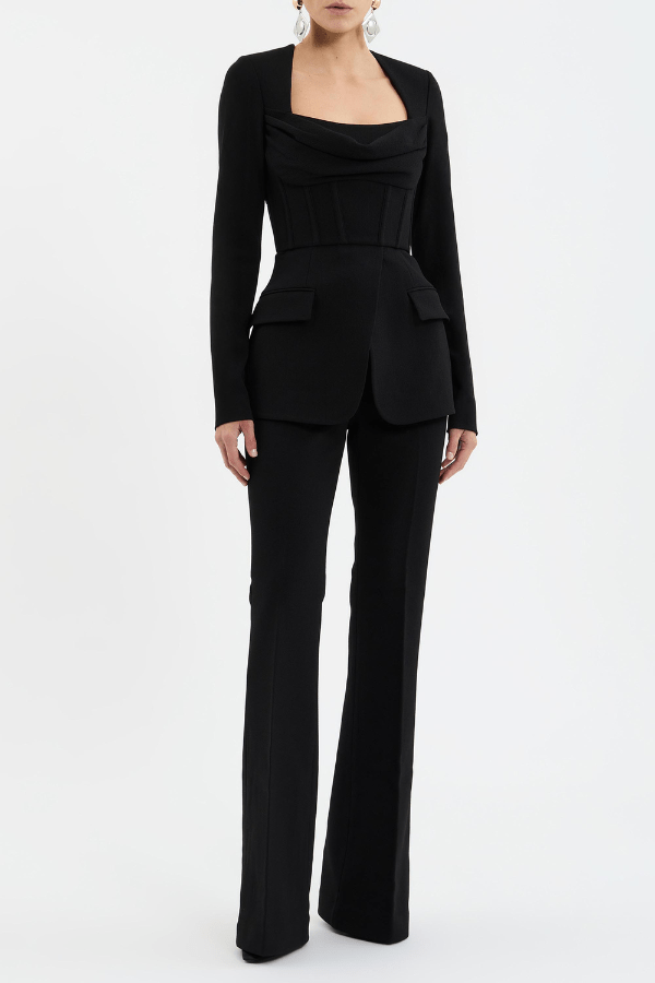 Bethany Top Black by Rebecca Vallance – A chic, structured bonded crepe top with a corseted silhouette, cowl bust, and sleek details for stylish desk-to-dinner looks.