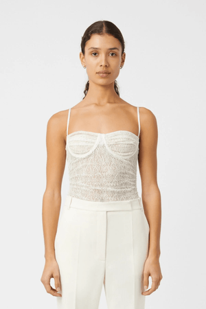 Aperture Bodysuit Ivory by Camilla and Marc – sheer lace with underwire and G-string cut, a refined yet sensual piece perfect for layering or statement styling.