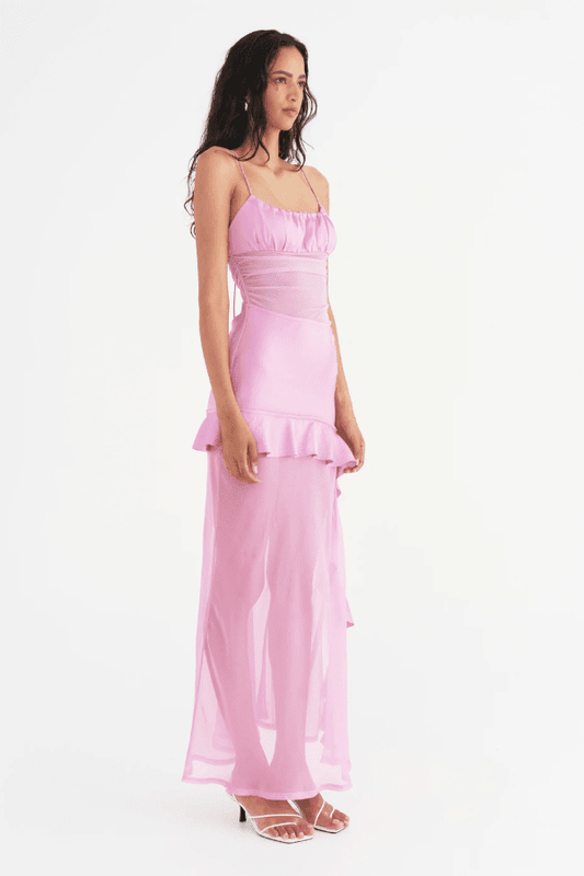 Delilah Maxi Dress Bubblegum by Benni – Occasion-ready satin, mesh & chiffon mix with feminine gathers and ruffle details, perfect for elegant celebrations.