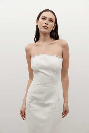 Amiri Denim Dress Angora by Bayse, a trendy, strapless denim dress with a corset-style bodice that sculpts your figure. Perfect for chic day-to-night looks.