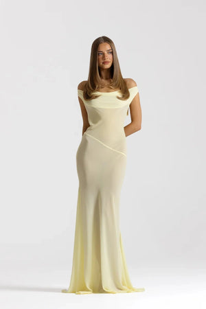 Anita Dress Lemon by Natalie Rolt featuring a sheer georgette silhouette, draped cowl neckline and asymmetrical skirt godets.