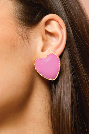 Hot Heart Earrings by Emma Pills, candy pink enamel heart studs with gold-plated finish for a bold, playful everyday statement.