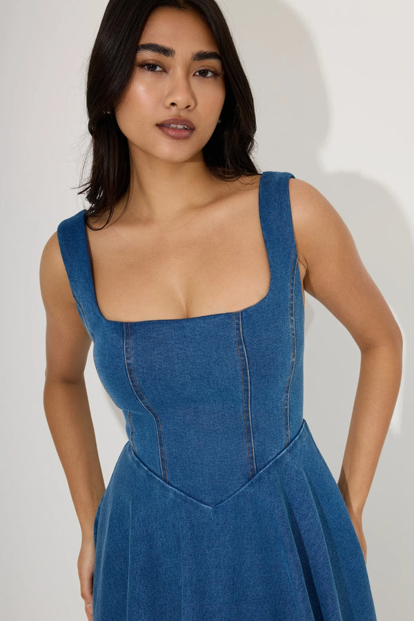Cotton Mix Denim Square Neck Midi Dress Light Blue by Odd Muse, fitted denim midi dress, perfect for chic day