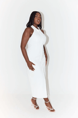 The Ultimate Muse Collar Maxi Dress White by Odd Muse – Sleeveless maxi with sharp collar, button front, darts, and slit.