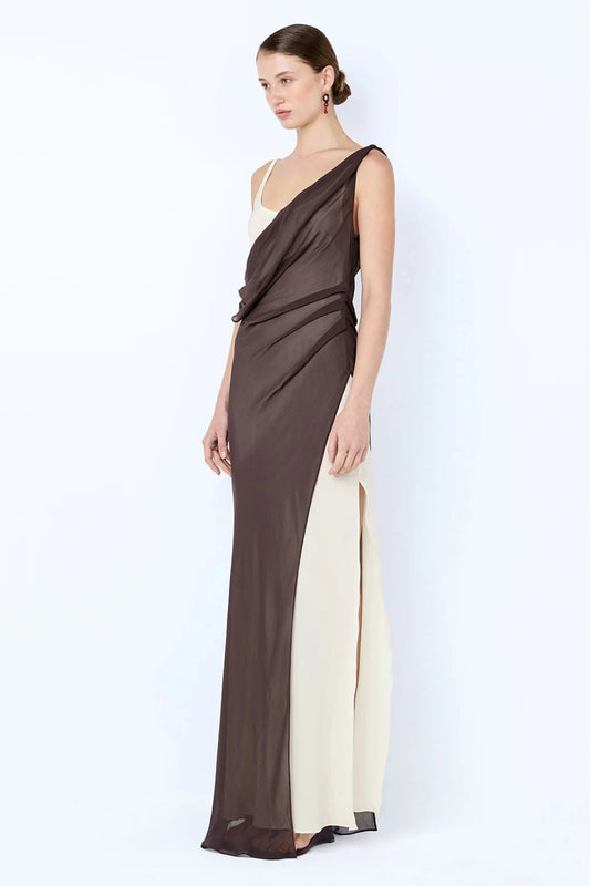 Augustin Asym Maxi Dress by Bec and Bridge, dark chocolate layered maxi with asym neckline and high split.