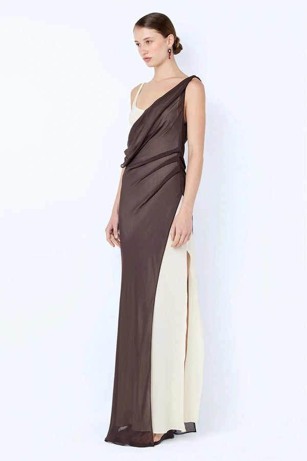 Augustin Asym Maxi Dress by Bec and Bridge, dark chocolate layered maxi with asym neckline and high split.