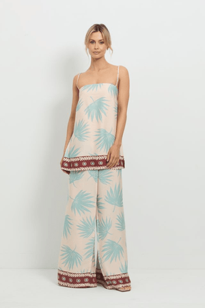 Summer Fling Pant Multi by Pasduchas, soft-touch Tencel with exclusive palm print, high waist, invisible zip, perfect for resort and warm days