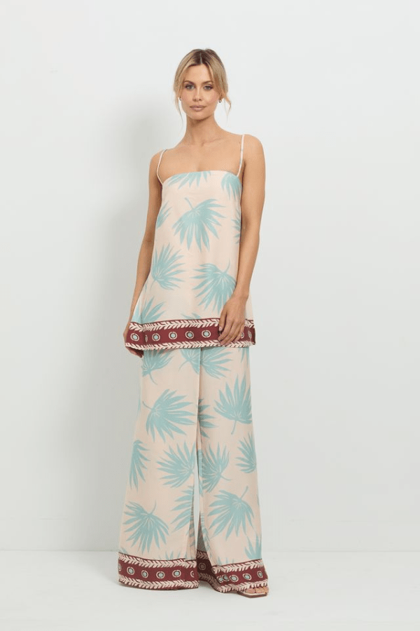 Summer Fling Pant Multi by Pasduchas, soft-touch Tencel with exclusive palm print, high waist, invisible zip, perfect for resort and warm days