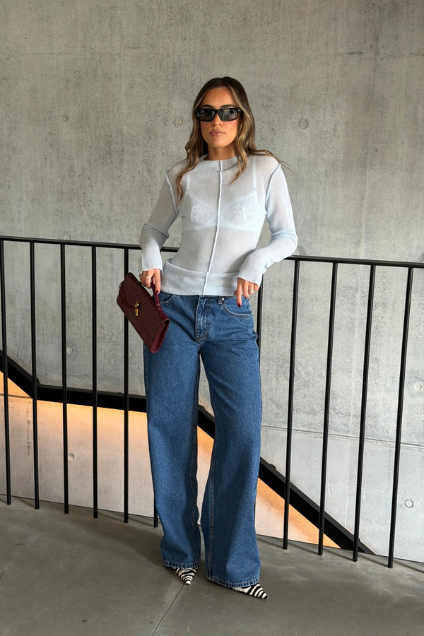 Ella Squire Sheer Knit Long Sleeve Top Blue