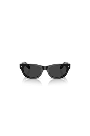 Prada sunglasses in black with Polar Black lenses, featuring signature rivet and logo detailing. A sleek, modern everyday luxury style.