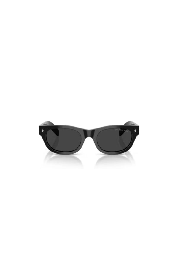 Prada sunglasses in black with Polar Black lenses, featuring signature rivet and logo detailing. A sleek, modern everyday luxury style.