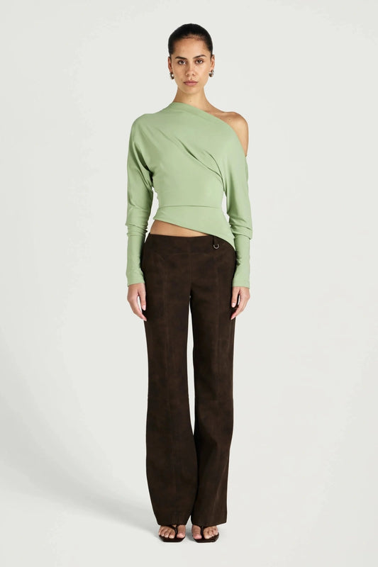 Enya Long Sleeve Top Pear by Benni, off shoulder jersey top with twist hem, perfect for elevated day to night styling
