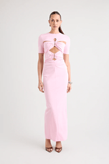 Florence Dress Pink by Pfeiffer – A trendy fitted maxi with cut-out hardware accents, crafted from soft cotton-spandex. Perfect for chic, ethical day-to-night wear. Made in Australia with care.