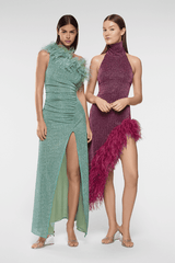 Lumiere Plumage Turtleneck Dress Aubergine by Oséree – A dazzling mini with ostrich feather trim and metallic sheen, perfect for show-stopping events or gala nights.
