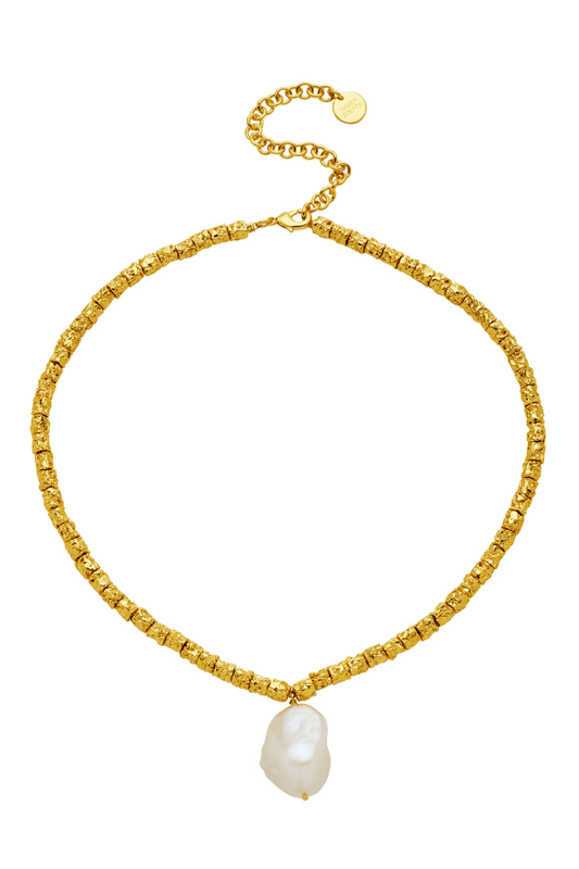 Benita Necklace by Amber Sceats, trendy and elegant, featuring a large AAA+ freshwater pearl with crushed 24k gold beads, perfect for standout style moments.