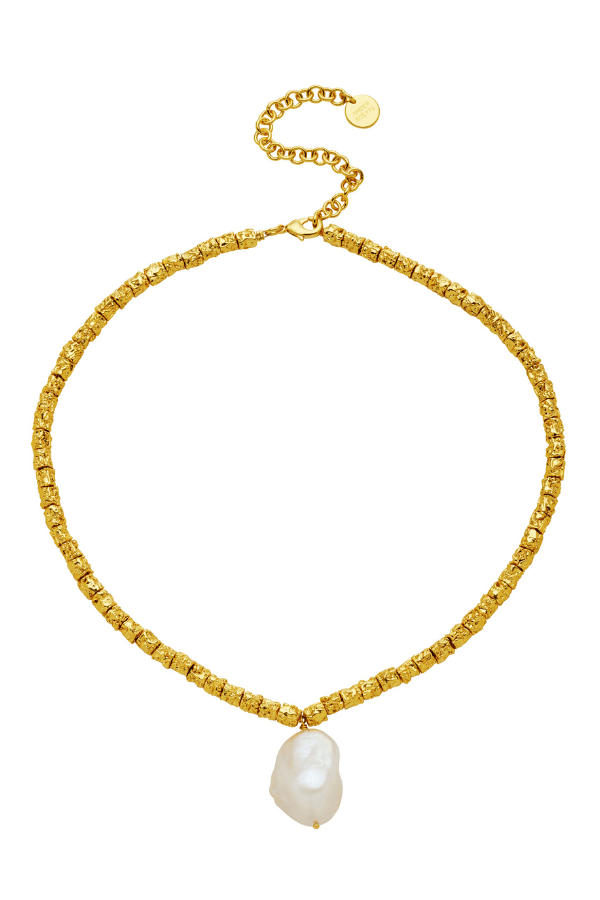 Benita Necklace by Amber Sceats, trendy and elegant, featuring a large AAA+ freshwater pearl with crushed 24k gold beads, perfect for standout style moments.