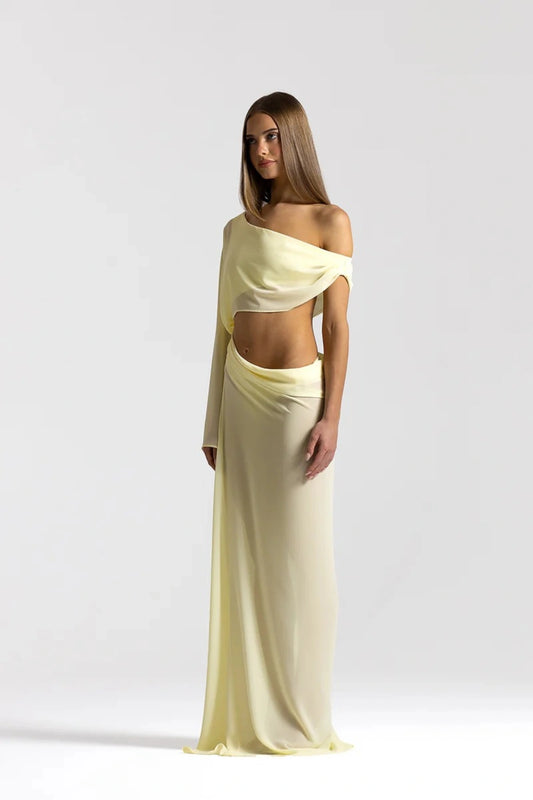 Imogen Dress Lemon by Natalie Rolt, sheer georgette dress with off shoulder draping and asymmetrical waist detail.
