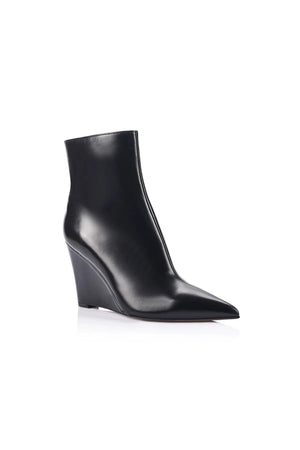Flynn Boot Black Leather by Lana Wilkinson, pointed ankle leather boot with wedge heel, perfect for work or evening styling