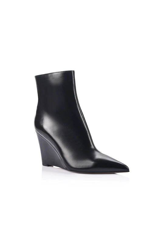 Flynn Boot Black Leather by Lana Wilkinson, pointed ankle leather boot with wedge heel, perfect for work or evening styling