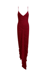 Mater Long Dress by Maygel Coronel, ruched maxi dress with draped panels, sash detail and internal bodysuit.